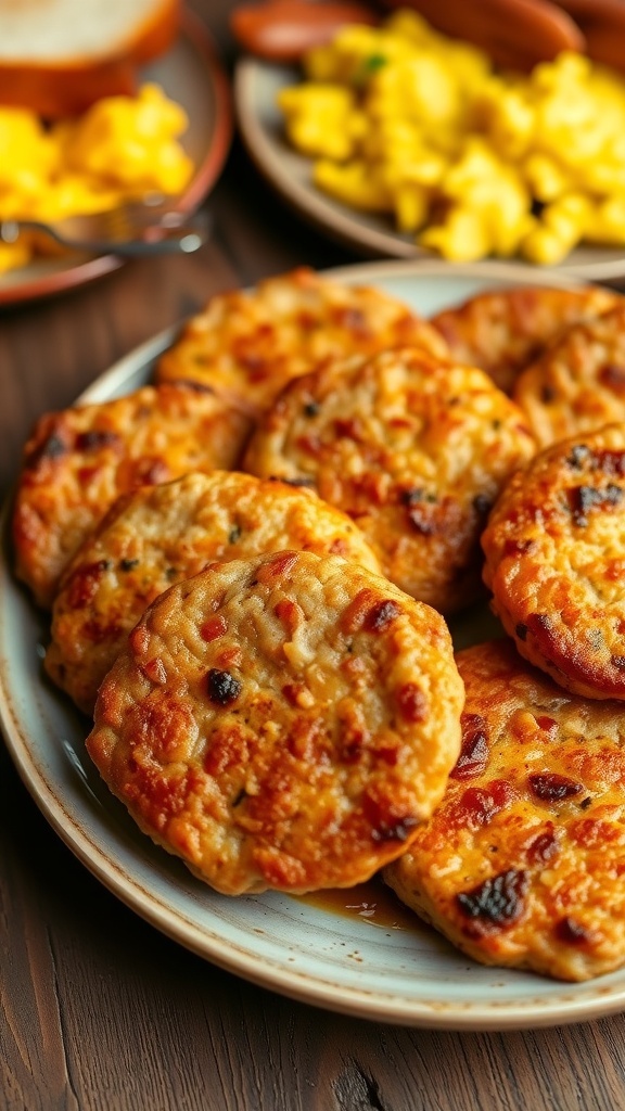 Golden-brown homemade sausage patties served with scrambled eggs and toast on a rustic table.